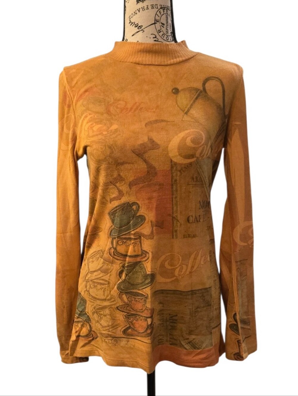 Graphic Coffee-Print Mock Neck Long Sleeve Top - Rust